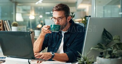 Buy stock photo Coffee, journalist or man on laptop in office for editor feedback, news publication or article review. Research, night or journalism at media press agency for story check, editing or proofreading