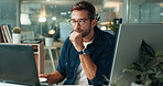 Research, journalism or man on laptop in office for editor feedback, news publication or article review. Business, night or journalist at media press agency for story check, editing or proofreading 