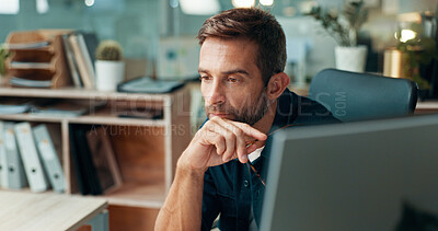 Buy stock photo Vision, thinking and businessman in office for problem solving, decision and creative mindset. Planning, reflection and serious worker with inspiration, idea and web designer on computer in startup