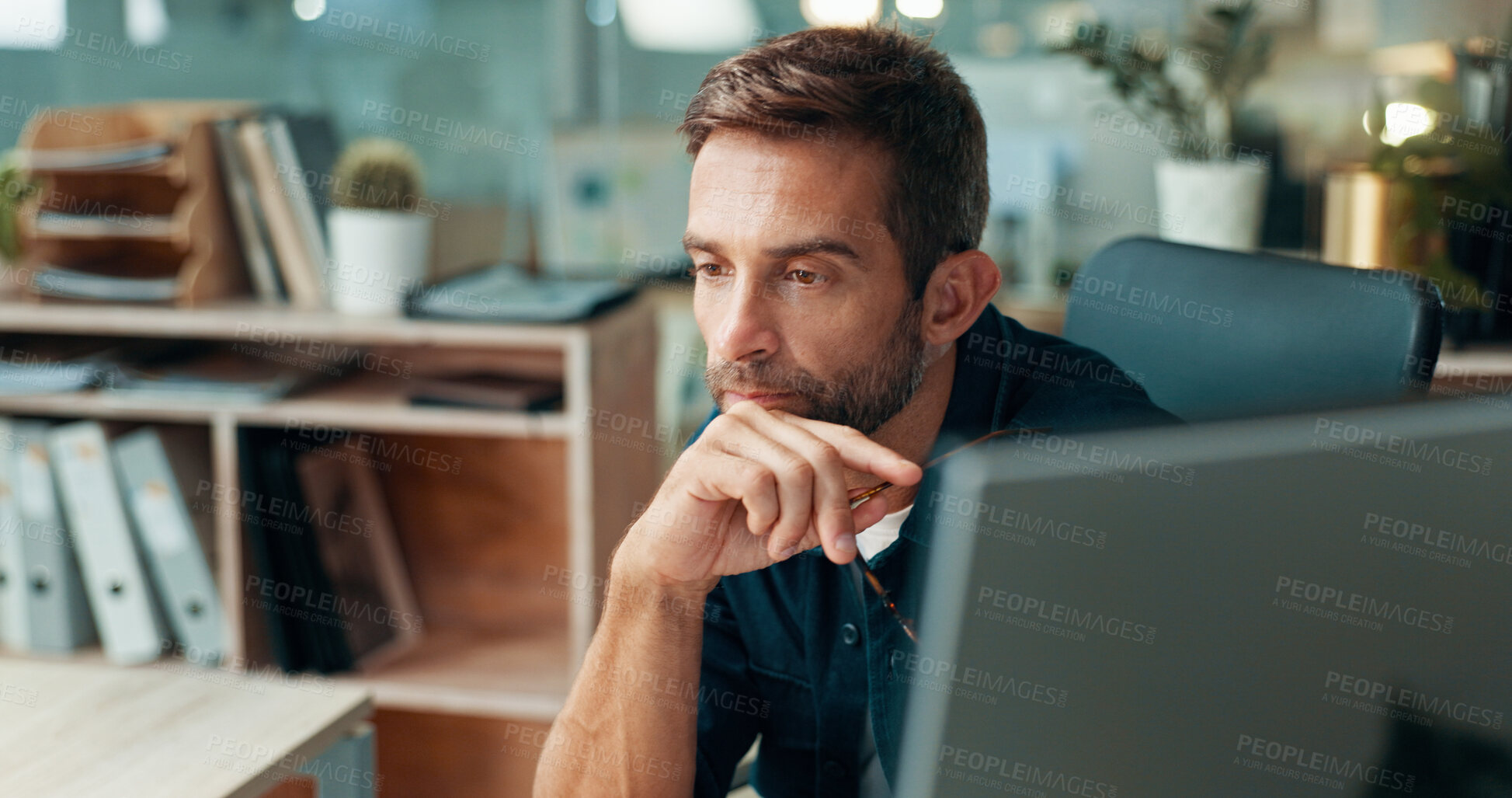 Buy stock photo Vision, thinking and businessman in office for problem solving, decision and creative mindset. Planning, reflection and serious worker with inspiration, idea and web designer on computer in startup