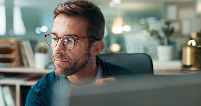 Buy stock photo Computer, thinking and business man problem solving, creative insight and software development. Planning, reflection and serious worker with inspiration, vision and web designer in startup office