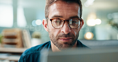 Buy stock photo Office, businessman and journalist with laptop for information, research and news for publication. Career, male person and content writer with glasses for proofreading, editing story and digital blog