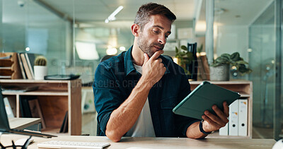 Buy stock photo Tablet, thinking and reading with business man in office for planning, ui designer and app review. Developer solutions, reflection and research with person in agency for project idea and startup