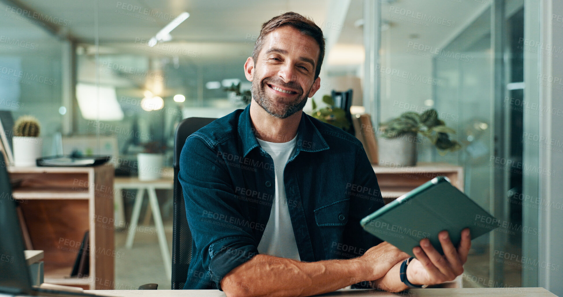 Buy stock photo Tablet, portrait and smile with business man in office for planning, ui designer and app review. Developer solutions, client feedback and research with person in agency for project idea and startup
