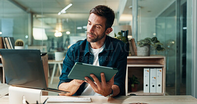 Buy stock photo Tablet, reading and laptop with business man in office for planning, ui designer and app review. Developer solutions, client feedback and research with person in agency for project idea and startup
