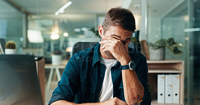 Buy stock photo Man, headache and stress at startup with laptop, burnout or fatigue with deadline in modern office. Person, migraine and frustrated with eye pain, tired and glasses with mistake at creative agency