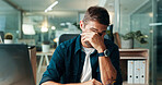 Man, headache and stress at startup with laptop, burnout or fatigue with deadline in modern office. Person, migraine and frustrated with eye pain, tired and glasses with mistake at creative agency