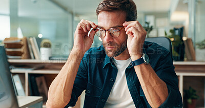 Buy stock photo Reading, glasses or man on laptop in office for editor feedback, news publication or article review. Eyewear, night or male journalist at media press agency for story check, editing or proofreading