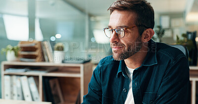Buy stock photo Business, thinking and man in office, solution and problem solving with planning for proposal. Person, copywriting or employee in workplace, glasses or opportunity with decision for project or review