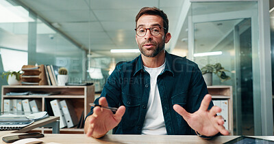 Buy stock photo Office, businessman and portrait with discussion for video call, workshop and feedback for project. Career, male person and financial consultant with talking in virtual meeting, advice and networking