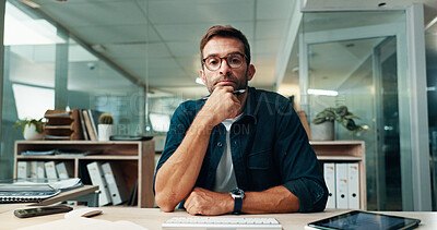 Buy stock photo Portrait, thinking and business man in office for problem solving, creative decision and mindset. Planning, reflection and serious worker with glasses, inspiration and editor brainstorming in startup