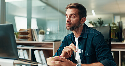 Buy stock photo Office, computer and business man with food on lunch break for wellness, nutrition and hunger. Professional, web designer and person with takeaway for eating meal, snack and salad for website ux