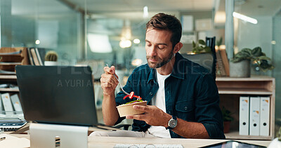 Buy stock photo Office, laptop and business man with food on lunch break for wellness, nutrition and health. Professional, web designer and hungry person with takeaway for eating meal, snack and salad on computer