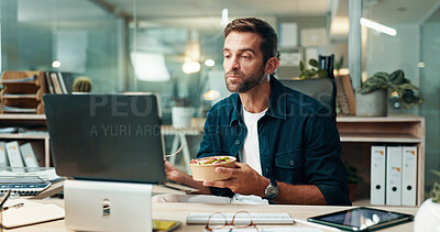 Buy stock photo Eating, research or man on laptop in office for editor feedback, news publication or article review. Salad, night or journalist with food meal at media agency for story check, editing or proofreading