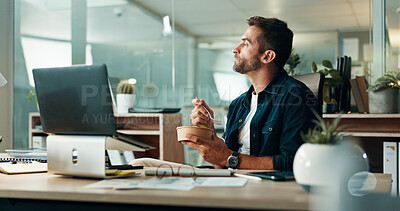 Buy stock photo Man, creative and thinking with laptop on lunch break for meal, contemplating or decision at office. Male person, employee or designer with wonder, food or computer for planning or snack at workplace