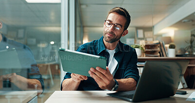 Buy stock photo Tablet, glasses and laptop with business man in office for planning, ui designer and app review. Developer solutions, client feedback and research with person in agency for project idea and startup