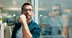 Reflection, thinking and business man in office for problem solving, decision and creative mindset. Planning, vision and serious worker with inspiration, idea and web designer by glass in startup