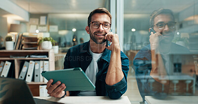 Buy stock photo Office, tablet and businessman with phone call for thinking, information and news for publication. Reflection, happy journalist and talking with mobile for source, story facts and blog ideas at night