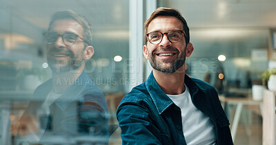 Buy stock photo Reflection, thinking and happy business man problem solving, creative insight or professional mindset. Planning, vision and worker with inspiration, idea and web designer by glass in startup office