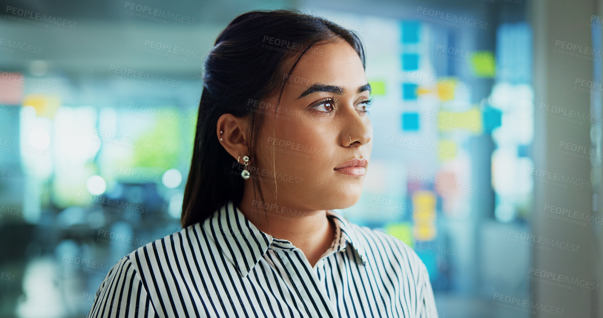 Buy stock photo Vision, thinking and business woman problem solving, planning and reflection by glass wall. Idea, solution and serious worker with inspiration, insight and sticky note in creative startup office