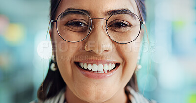 Buy stock photo Creative, happy and portrait of business woman with glasses for pride, confidence and professional career. Office, media agency and closeup of person with frames for eyesight, vision and optometry