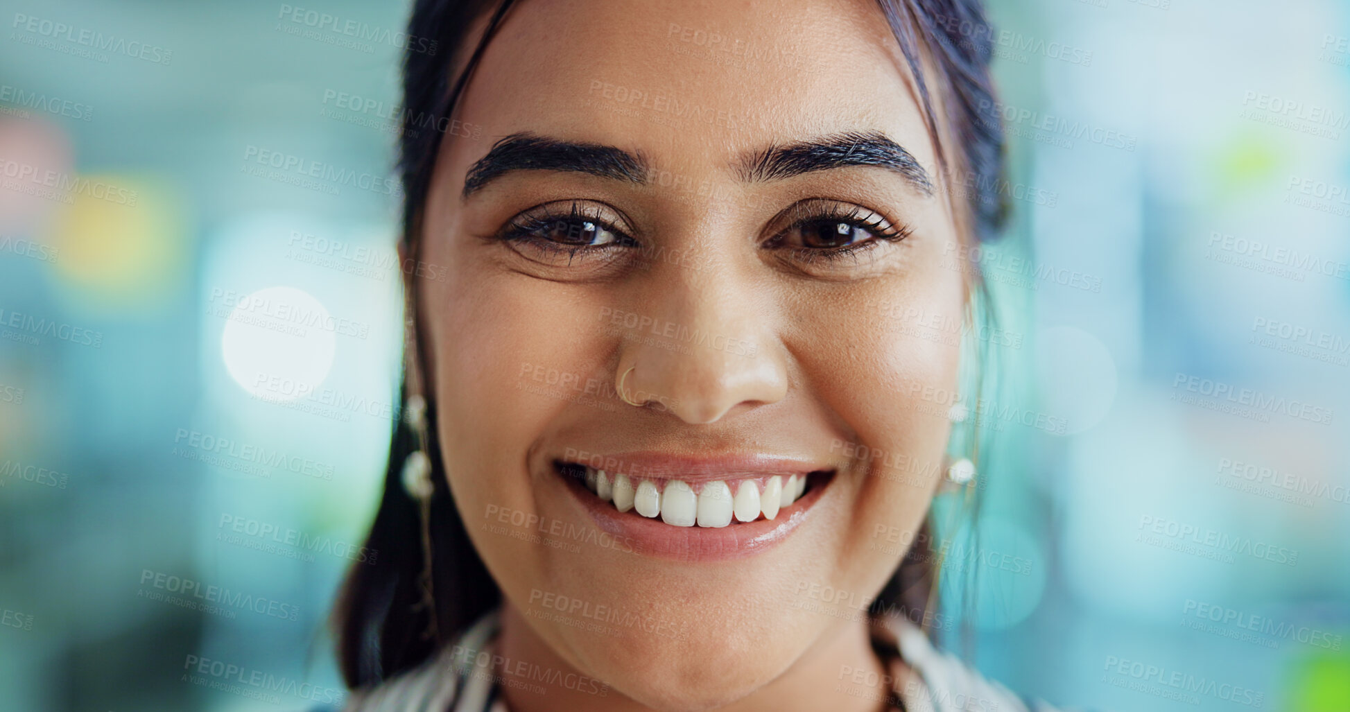 Buy stock photo Creative, professional and portrait of business woman with dental smile for journalism career. Healthy teeth, media office and face closeup of person with pride, confidence and happy for writer job