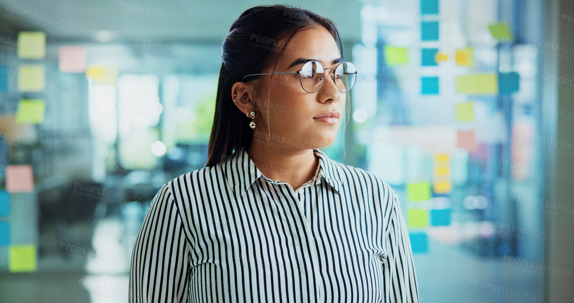 Buy stock photo Vision, thinking and business woman by glass wall for problem solving, planning or reflection. Idea, solution and serious worker with inspiration, insight and sticky note in creative startup office