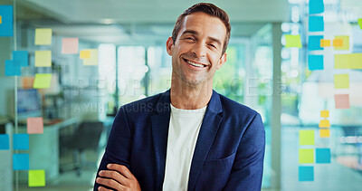 Buy stock photo Businessman, portrait and glass wall with arms crossed, notes and confident for solution at startup. Mature person, pride and excited by window, career and mind map at creative agency in Australia