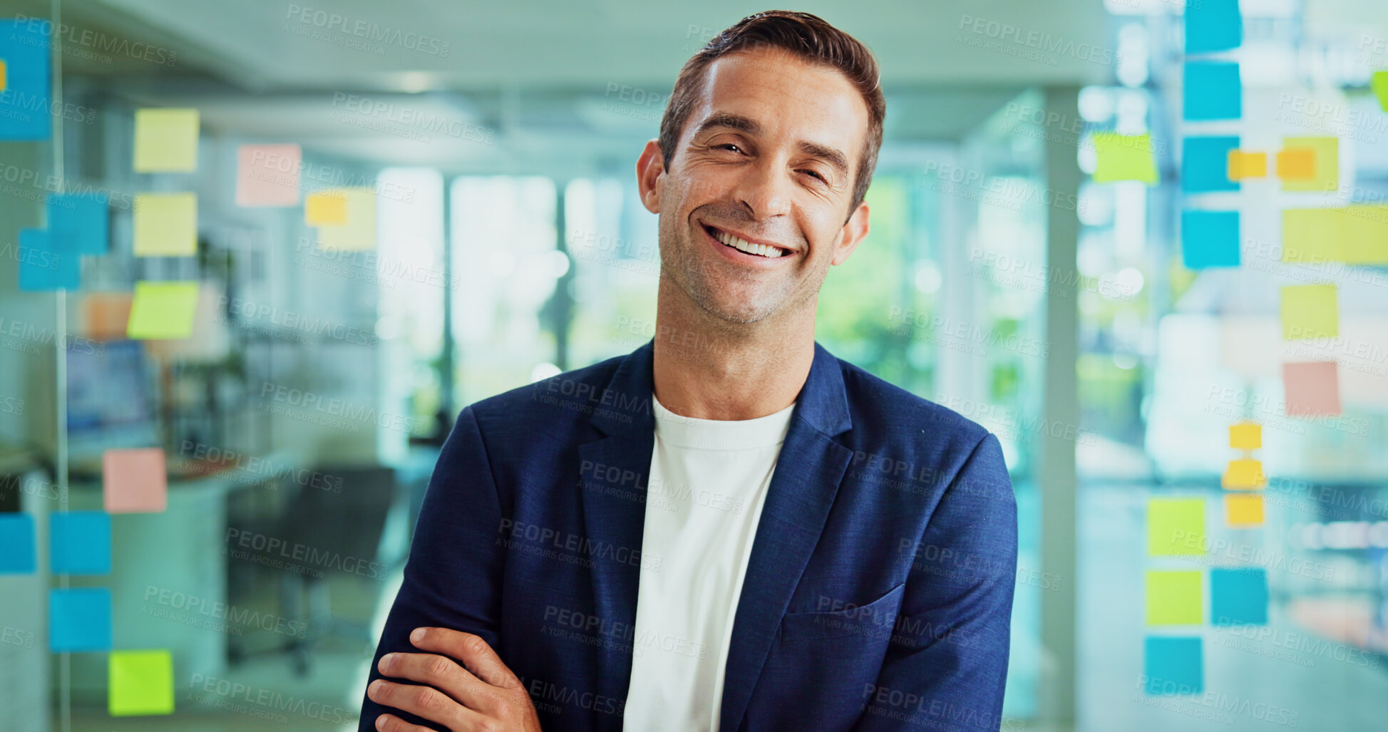 Buy stock photo Businessman, portrait and glass wall with arms crossed, notes and confident for solution at startup. Mature person, pride and excited by window, career and mind map at creative agency in Australia