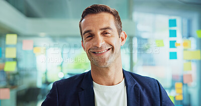 Buy stock photo Businessman, portrait and glass wall with smile, notes and problem solving for solution at startup. Mature person, pride and happy at window, career and mind map at creative agency in Australia
