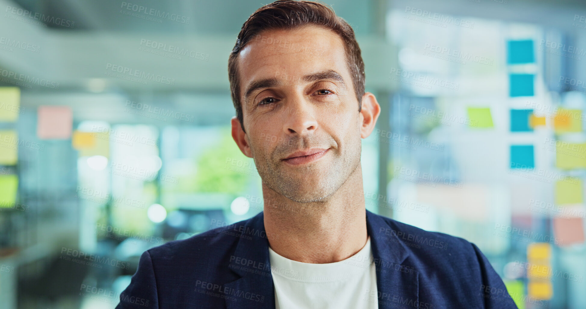 Buy stock photo Portrait, smile and business man by glass wall, employee and happy creative writer. Face, confident worker and entrepreneur, professional and magazine editor with sticky note in startup company