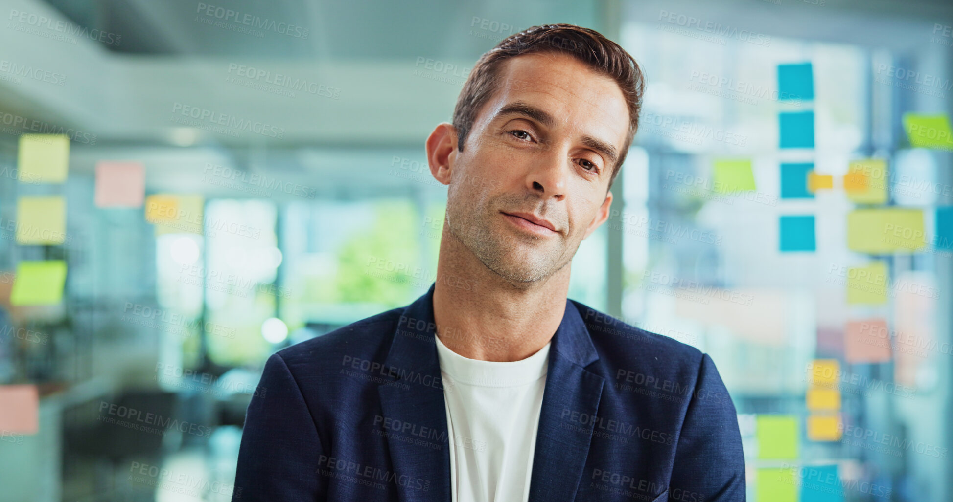 Buy stock photo Portrait, creative professional or business man in office, happy journalist or publication reporter. Face, work or confident employee, news editor or project management by glass wall with sticky note