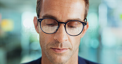 Buy stock photo Office, businessman and glasses with vision for thinking, creative agency and pressure for deadline. Workplace, male person and designer with eyewear for eye care, entrepreneur or planning for career