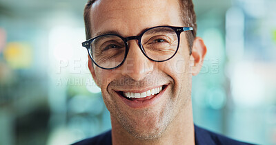 Buy stock photo Laughing, glasses and portrait of businessman in office with vision, confidence and growth in career. Happy, pride and male creative editor from New York at magazine agency for company development.