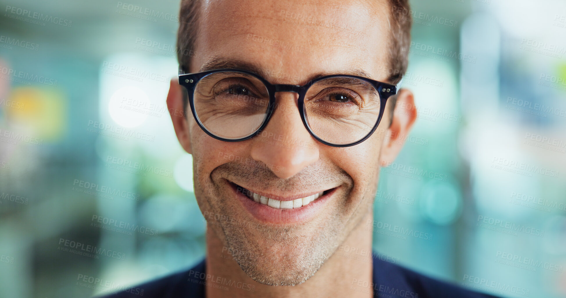 Buy stock photo Creative, professional and portrait of businessman with glasses for editing, publishing and journalism career. Office, media agency and face of person with pride, confidence and happy for writer job
