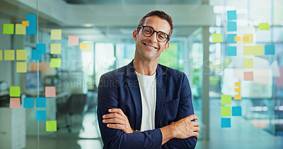 Buy stock photo Businessman, smile and glass wall with arms crossed, notes and portrait for solution at startup. Mature person, pride and excited by window, career and mind map at creative agency in Australia