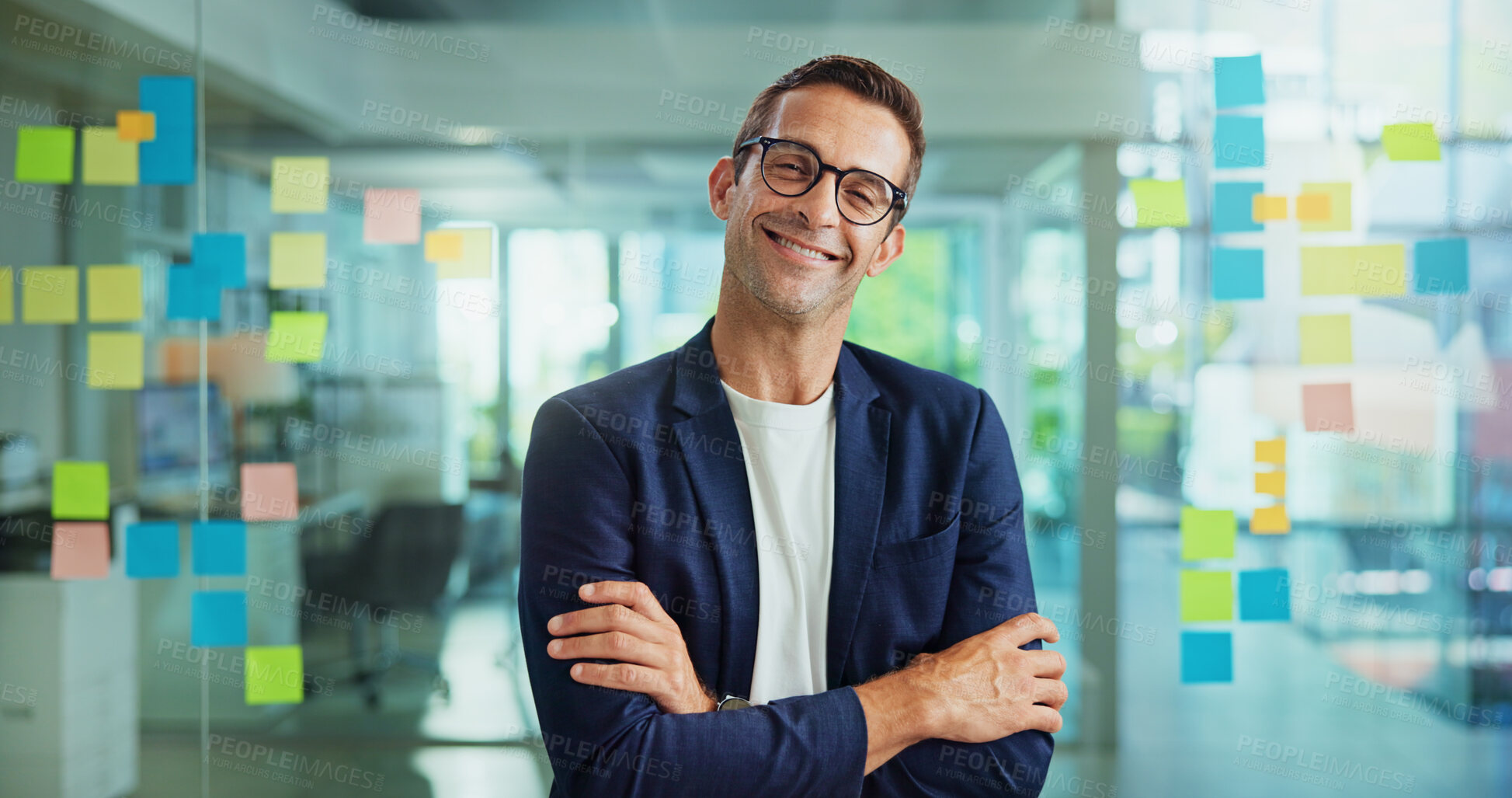 Buy stock photo Businessman, smile and glass wall with arms crossed, notes and portrait for solution at startup. Mature person, pride and excited by window, career and mind map at creative agency in Australia