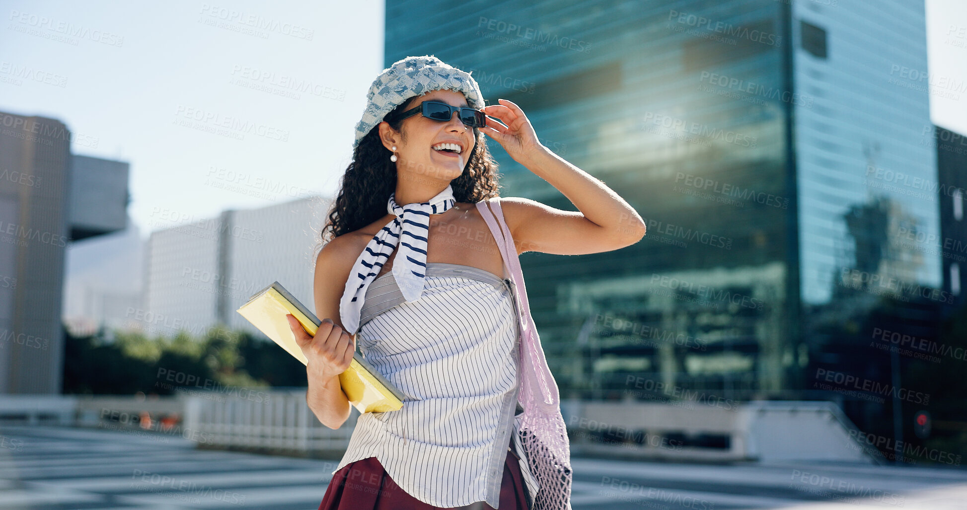 Buy stock photo Fashion student, woman and books in city for morning commute, walking to campus and stylish glasses. Smile, gen z girl and happy in trendy outfit for college journey, study opportunity and confidence