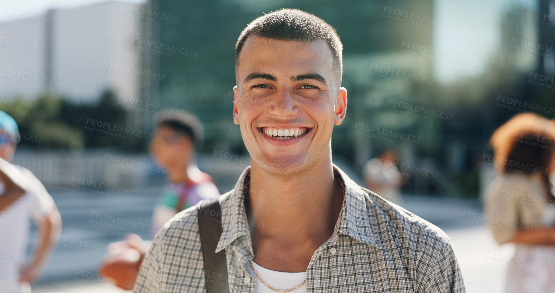 Buy stock photo Morning, student and portrait of man in city for travel to university, college and school campus. Smile, relax and happy person with backpack in urban town for education, learning and knowledge