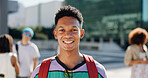 Smile, portrait and education with man in city for college student, learning and future. Scholarship, happiness and university with male person on campus outdoor for school, knowledge and academy