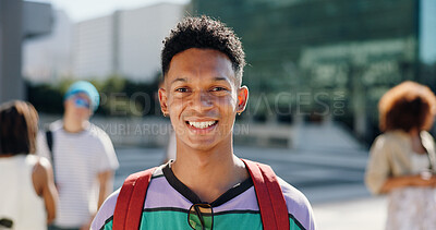 Buy stock photo Smile, portrait and education with man in city for college student, learning and future. Scholarship, happiness and university with male person on campus outdoor for school, knowledge and academy