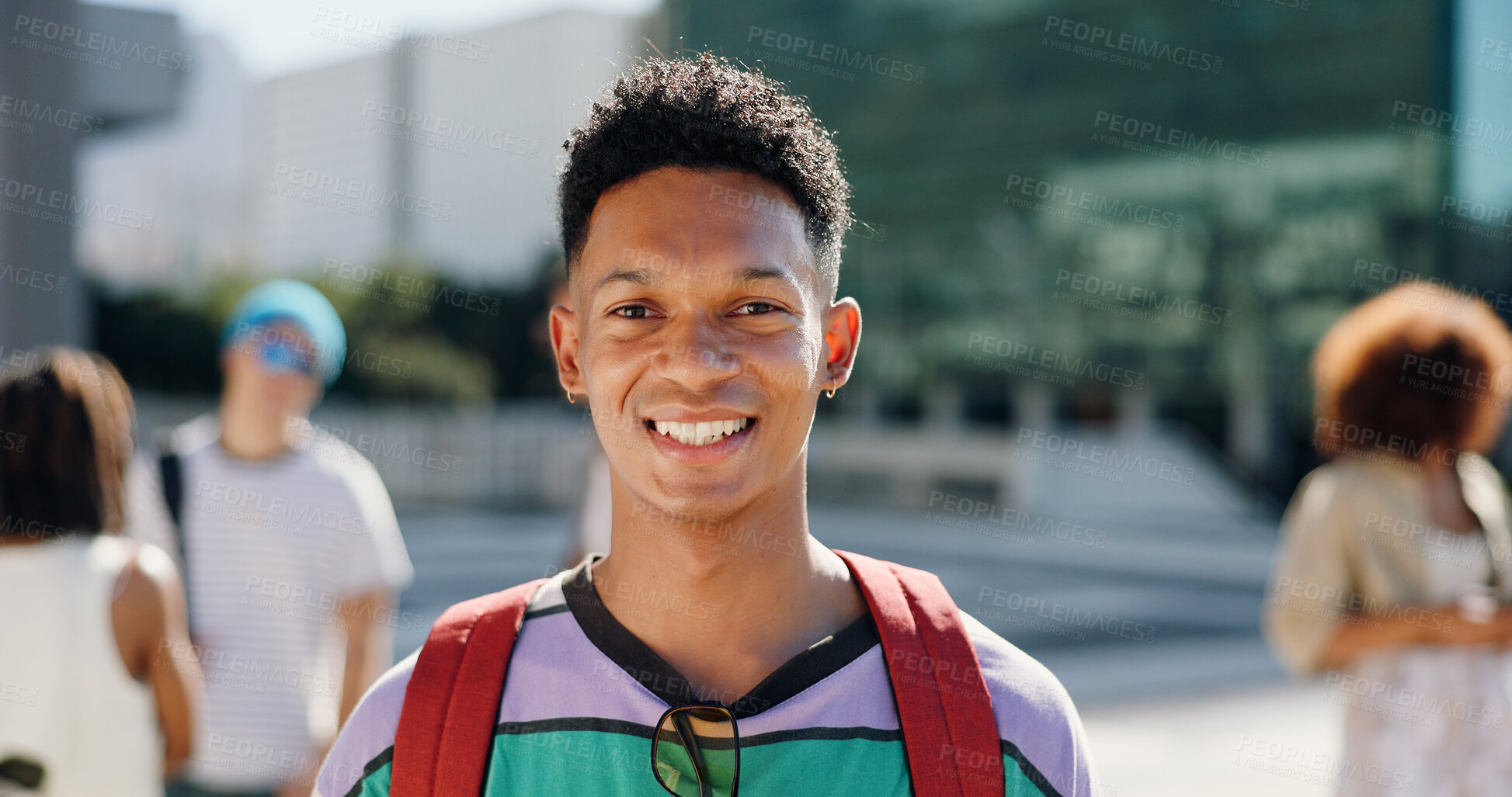 Buy stock photo Smile, portrait and education with man in city for college student, learning and future. Scholarship, happiness and university with male person on campus outdoor for school, knowledge and academy