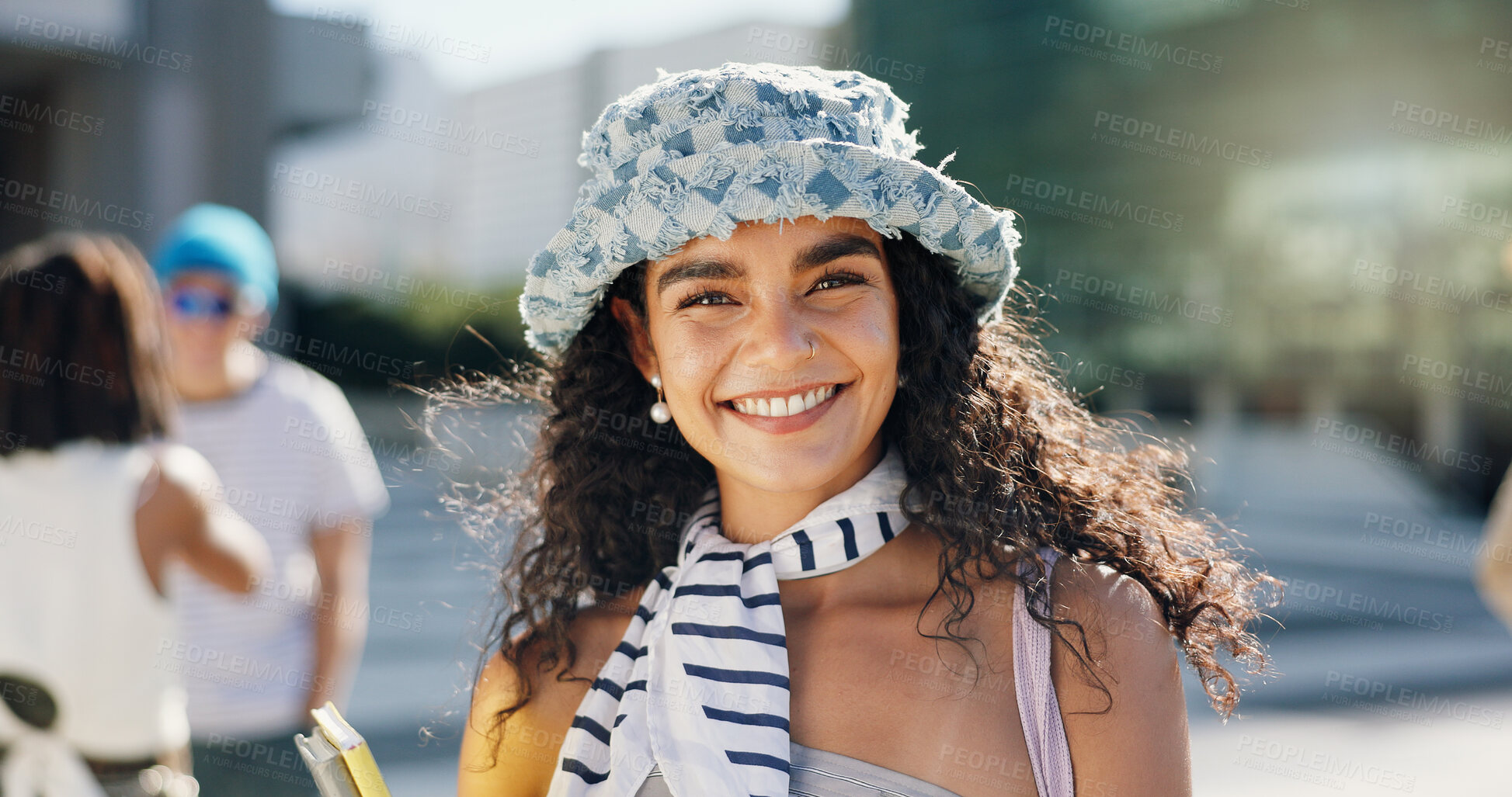 Buy stock photo Happy, student and portrait of girl in city for travel to university, college and school campus. Smile, fashion designer and person in town for creative education, learning and knowledge in morning
