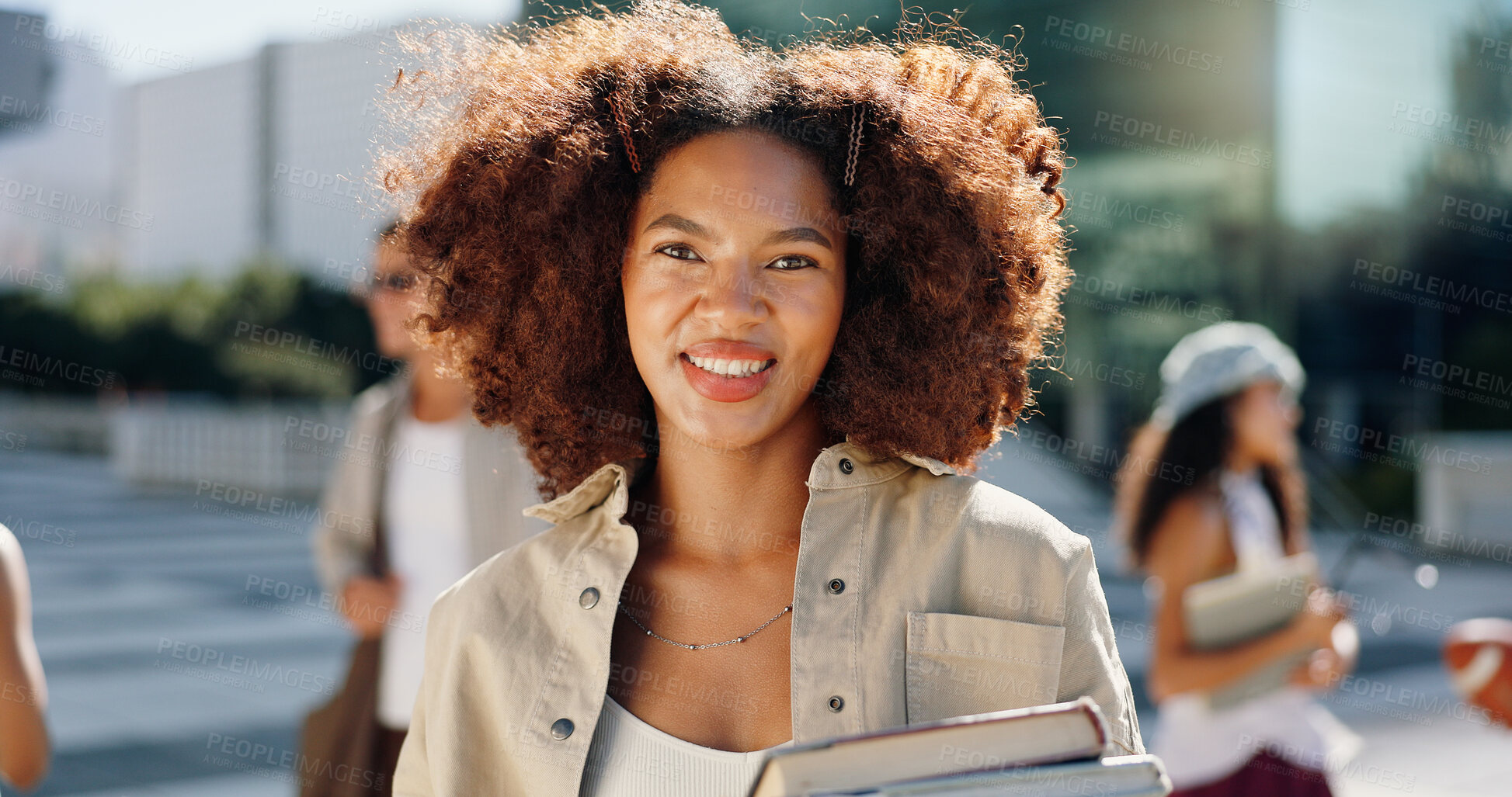 Buy stock photo Happy, student and portrait of woman in city with books for travel to university, college and school campus. Smile, relax and person with textbooks in urban town for education, learning and knowledge