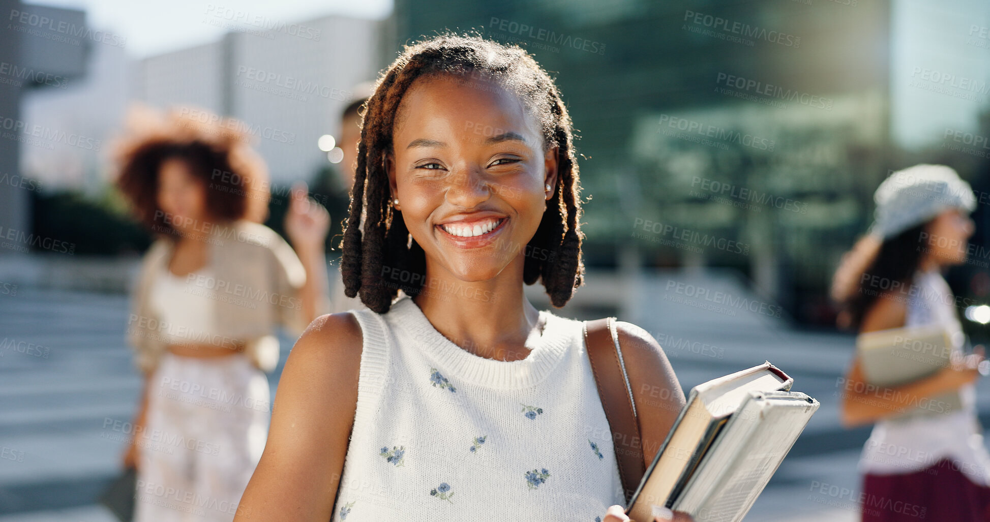 Buy stock photo Books, student and portrait of happy woman in city for travel or commute to university, college and campus. Smile, relax and person in urban town for education, learning and knowledge at school