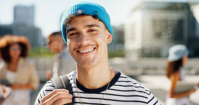 Buy stock photo Happy, backpack and portrait of student in city for travel to university, college and school campus. Smile, confident and man relax in urban town for education, learning and knowledge outdoors