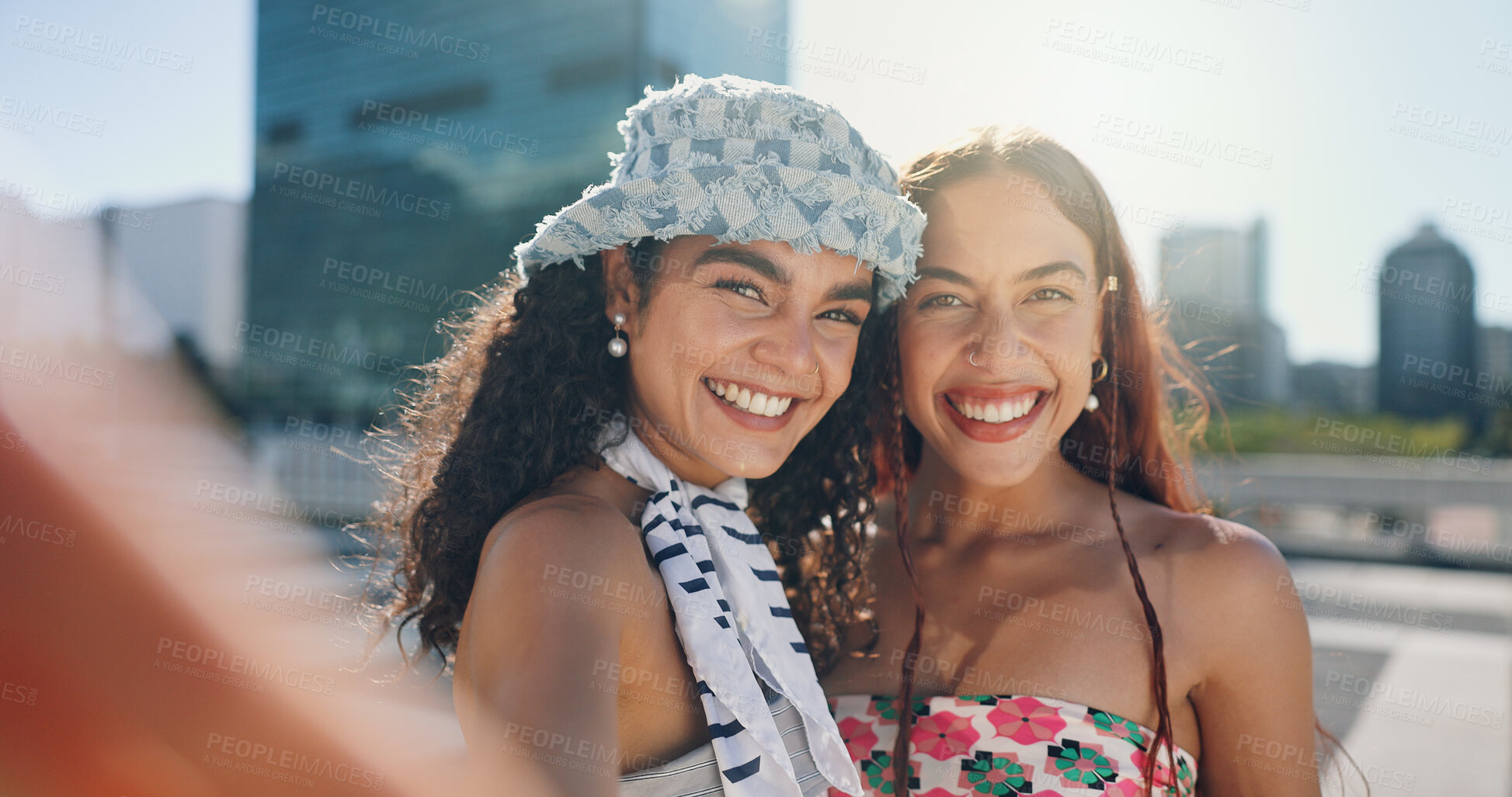 Buy stock photo Selfie, bonding and friends with smile, women and photography of Gen z on roof, reunion and fashion. City, influencer and profile picture for social media, people and post for memory or relationship