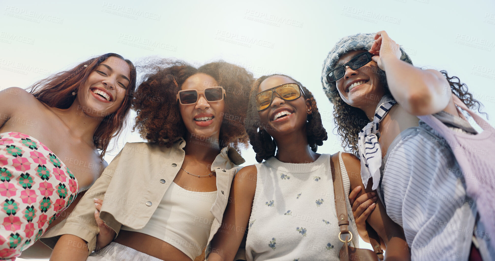 Buy stock photo Cool. women and friends in city with fashion in summer for urban, diversity or trendy style together. Below, gen z rebel or group of creative people in town for street culture, unique clothes or swag