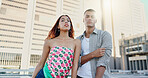 Buildings, portrait or couple in city with fashion in summer for urban, trendy or cool style together. Man, gen z woman and creative people in town for youth culture, unique outfit or streetwear swag