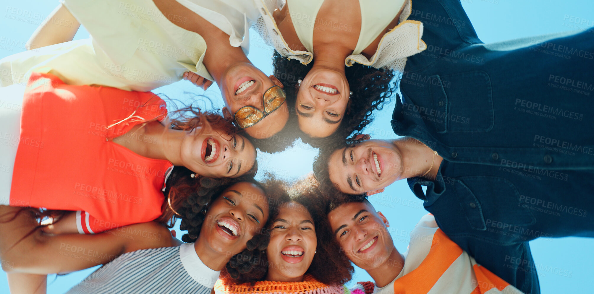 Buy stock photo Portrait, outdoor and friends in huddle with fashion in summer for group, support or trendy style together. Diversity, gen z men or creative women in town for solidarity, low angle or youth community